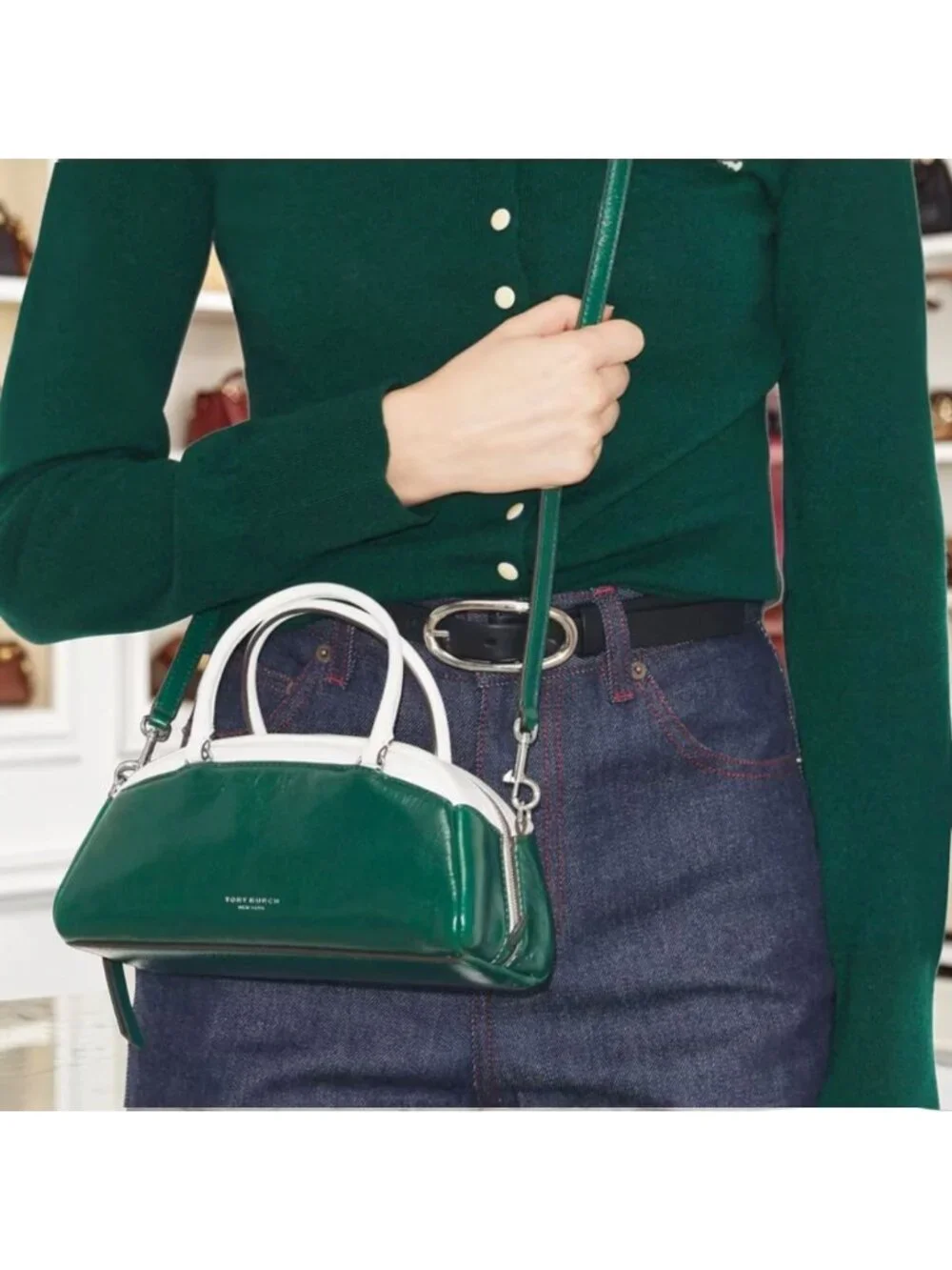 NEW!!! TORY BURCH GREEN AND WHITE Racer Colorblock Small Satchel/Crossbody 623A1